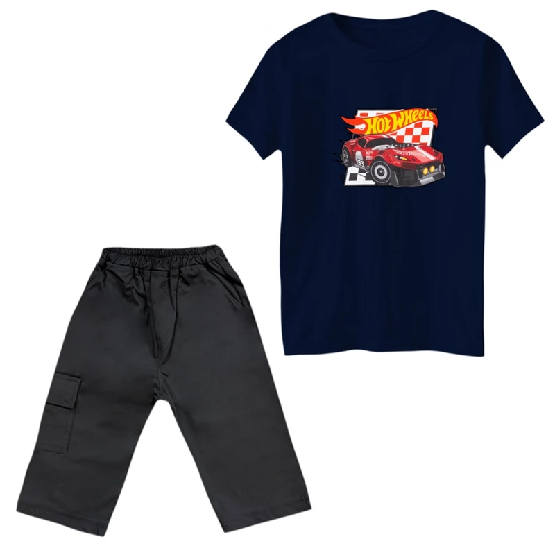 ست تی‌شرت و شلوارک پسرانه مدل مسابقه ماشینها