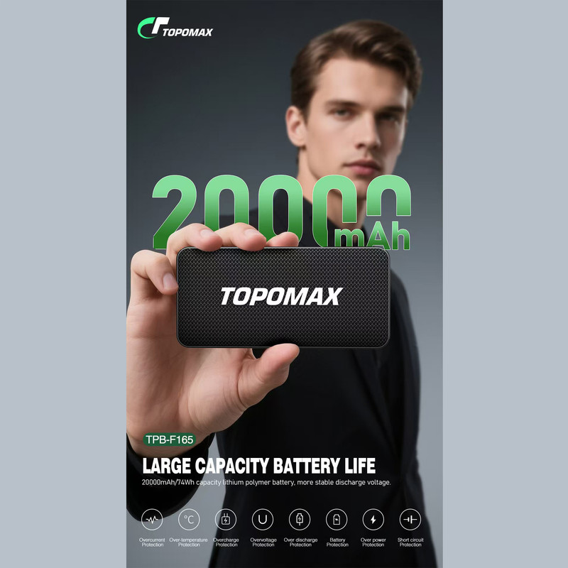 پاوربانک 22.5 وات توپومکس مدل F165 ظرفیت 20000 میلی آمپر ساعت به همراه کابل لایتنینگ و USB-C