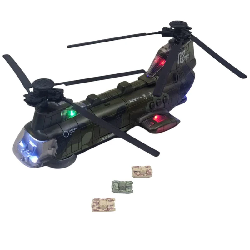 هلیکوپتر بازی ناب سل مدل شینوک ترابری موزیکال چراغدار پره گردان همراه با سه عدد تانک پرتابی HELICOPTER ARMY مجموعه چهار عددی 