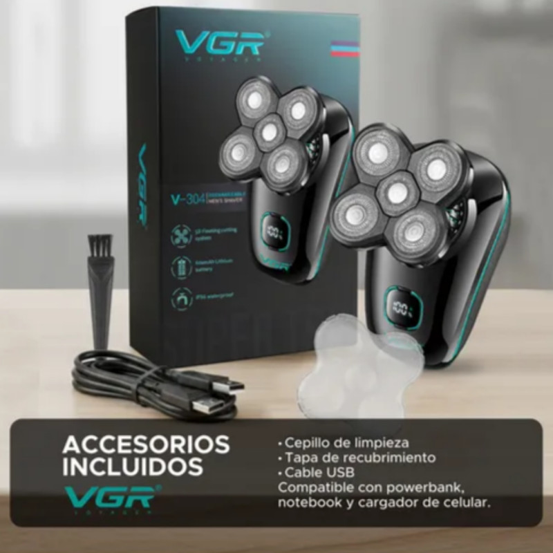ماشین اصلاح موی سر و صورت شارژی وی جی ار مدل V-304 با سیستم برش شناور 5 بعدی، تیغه استیل ضد زنگ، باتری لیتیومی 600 میلی‌آمپر ساعت، شارژ سریع USB، نمایشگر LED میزان شارژ، ضد آب IPX6، قابل استفاده خشک و مرطوب