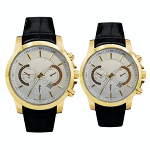 ست ساعت مچی عقربه‌ای کوارتز زنانه و مردانه مدل تک موتوره تقویم دار بند چرم قفل فیکس کد RM1