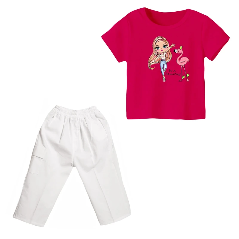 ست تی شرت و شلوارک دخترانه مدل دختر و فلامینگو