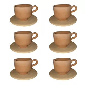 ست فنجان و نعلبکی سفالی خام مدل قهوه خوری مجموعه 6 عددی