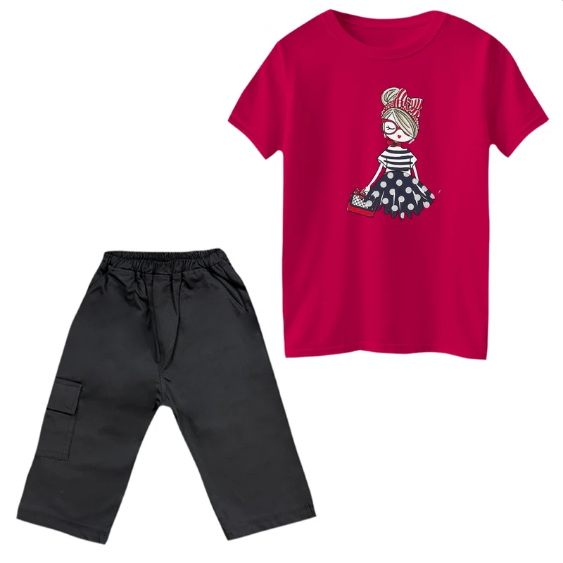 ست تی‌شرت آستین کوتاه و شلوارک دخترانه مدل دخترک کد 3