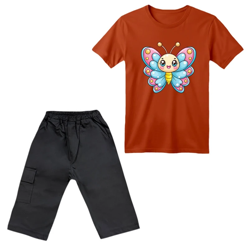 ست تی‌شرت آستین کوتاه و شلوارک دخترانه مدل پروانه رنگ آجری تیره