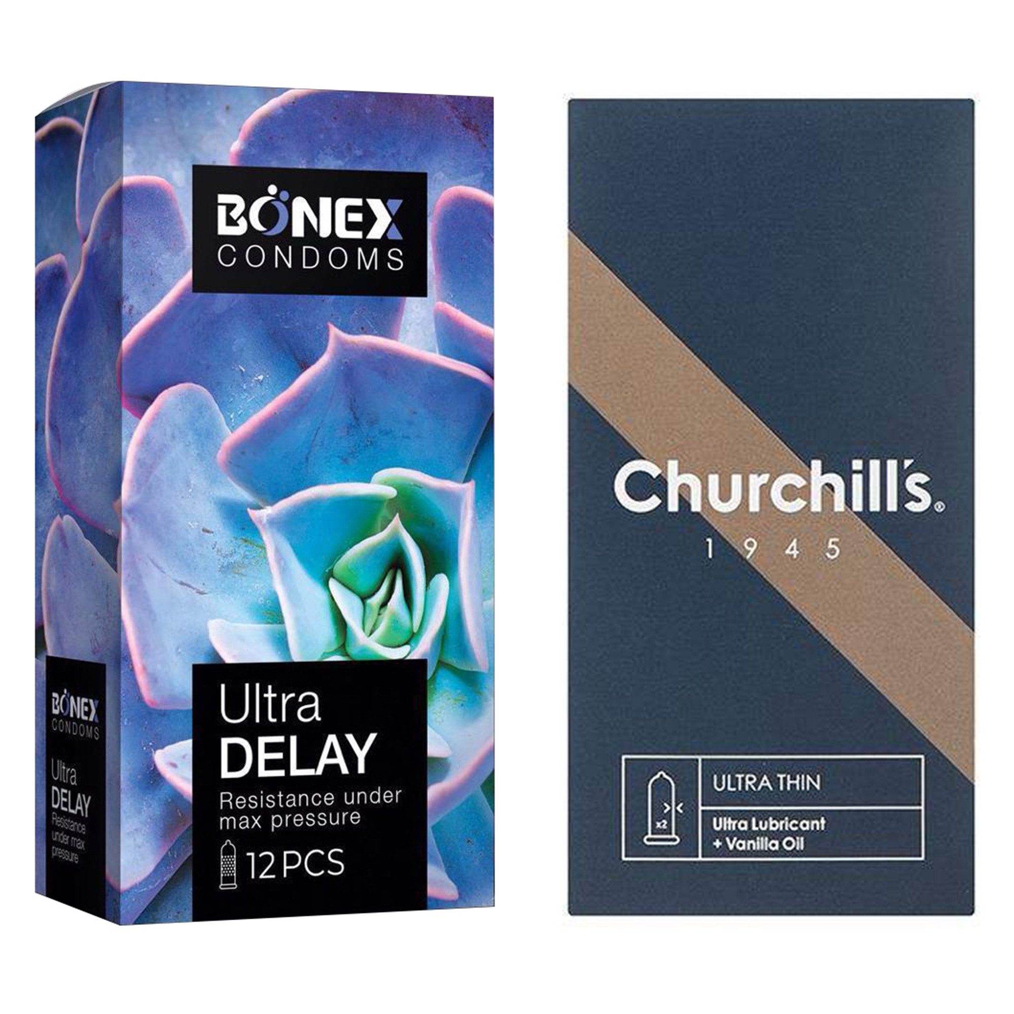 کاندوم چرچیلز مدل Ultra Thin بسته 12 عددی به همراه کاندوم بونکس مدل Ultra Delay بسته 12 عددی