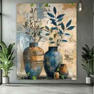 تابلو بوم طرح مخمل نقاشی مدل گلدان و برگ کد FP106397