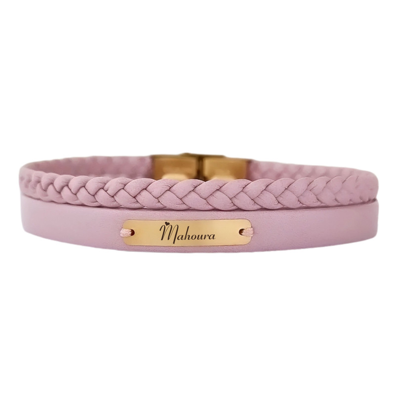 دستبند طلا 18 عیار زنانه با بند چرمی لیردا مدل اسم ماهورا 6733