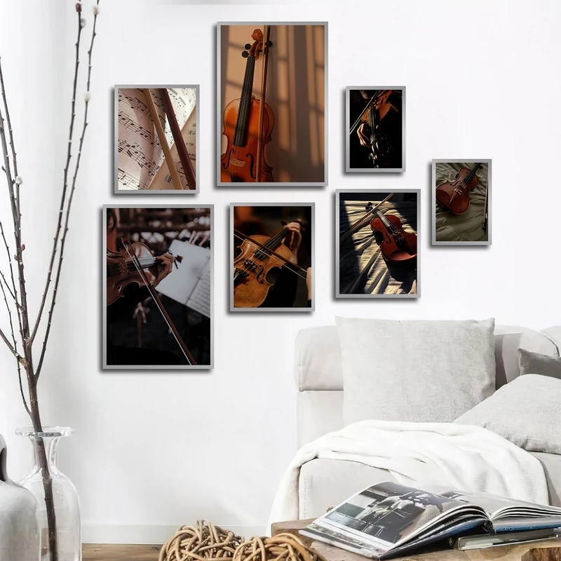 تابلو ساده  بکلیت طرح ساز موسیقی و ویولن مدل شاین اکلیلی SI-2982 فریم نقره ای مجموعه 7 عددی