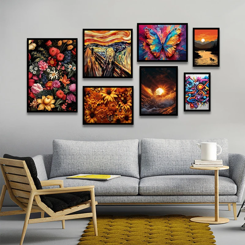 تابلو بکلیت طرح نقاشی مدرن گل رنگی و پروانه مدل B-1748 مجموعه 7 عددی