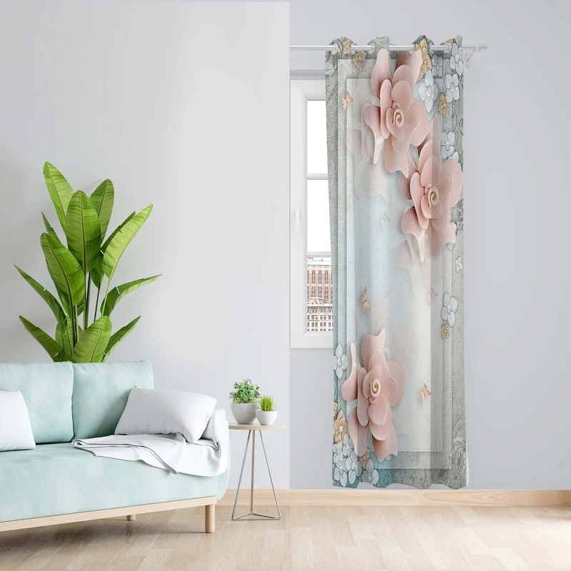 پرده طرح گل و پروانه مدل مخمل پانچی کد 1434 z سایز 140x200 سانتی متر