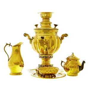 سرویس سماور ذغالی 5 پارچه برنجی مدل توپی ترک دار کد 4256