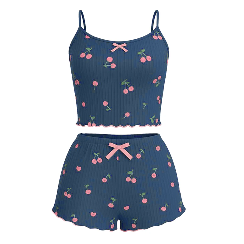 ست تاپ و شلوارک راحتی زنانه مدل 040210 طرح آلبالو