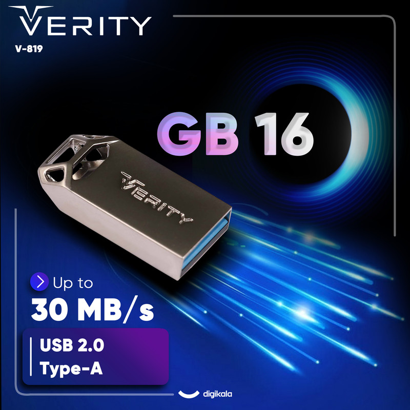 فلش مموری وریتی مدل V-819 ظرفیت 16 گیگابایت بند انگشتی با بدنه فلزی، رابط USB 2.0 و سرعت انتقال 30 مگابایت بر ثانیه، سازگار با کامپیوتر، لپ‌تاپ، موبایل، تبلت و تلویزیون