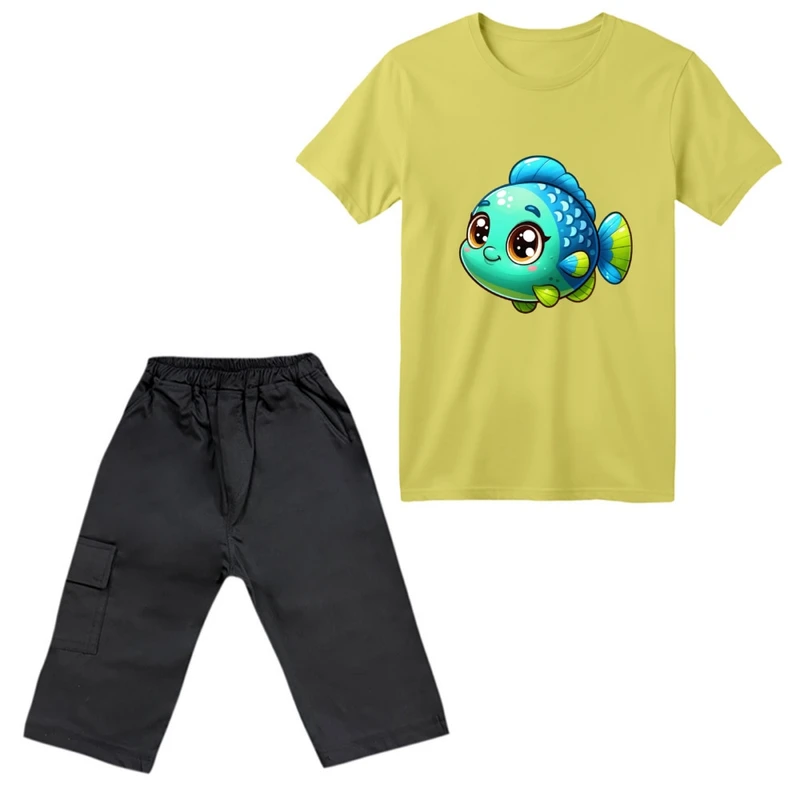 ست تی‌شرت آستین کوتاه و شلوارک پسرانه مدل ماهی کارتونی کد 01