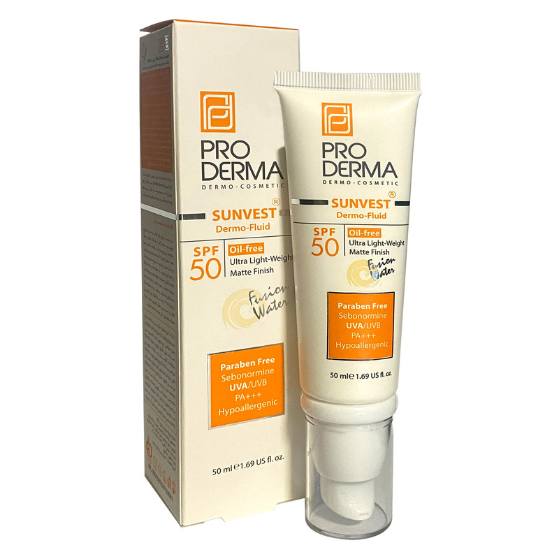 کرم ضد آفتاب بدون رنگ پرودرما SPF50 مدل فلوئید محافظ PA+++ ،UVA ،UVB، تنظیم ترشح چربی پوست، ضد جوش و آکنه، مناسب پوست های معمولی حجم 50 میلی‌لیتر