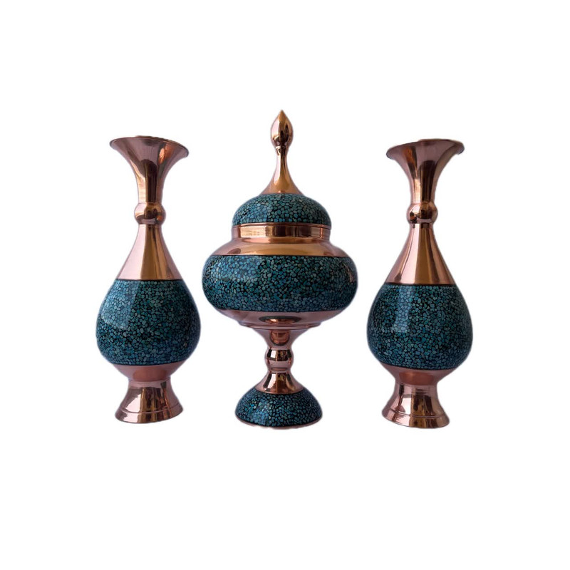 ست 3 تکه گلدان و شکلات خوری فیروزه کوبی کد 12