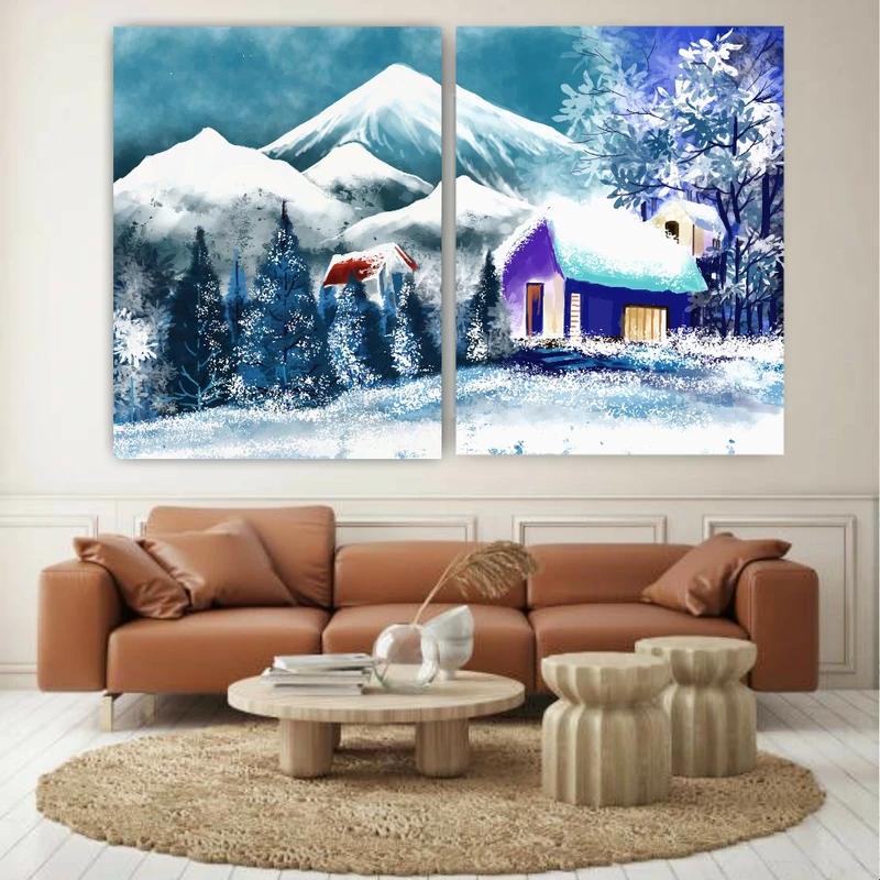 تابلو بوم طرح مخمل خانه جنگلی مدل برفی کد AR303873 مجموعه 2 عددی