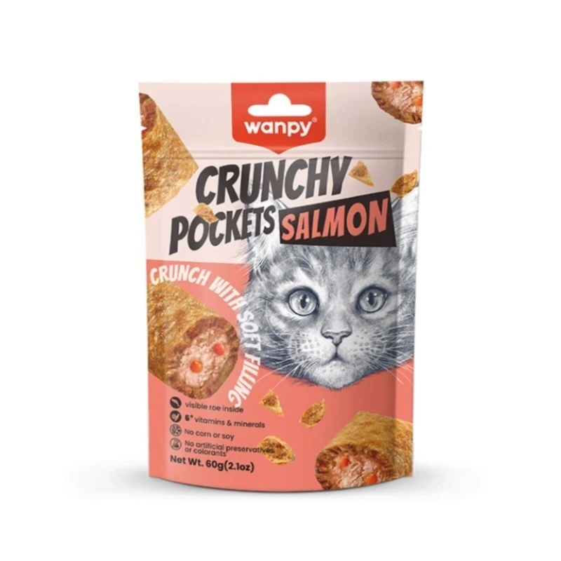 تشویقی گربه ونپی مدل Crunchy Pockets Salmon با طعم ماهی سالمون و خاویار وزن 60 گرم