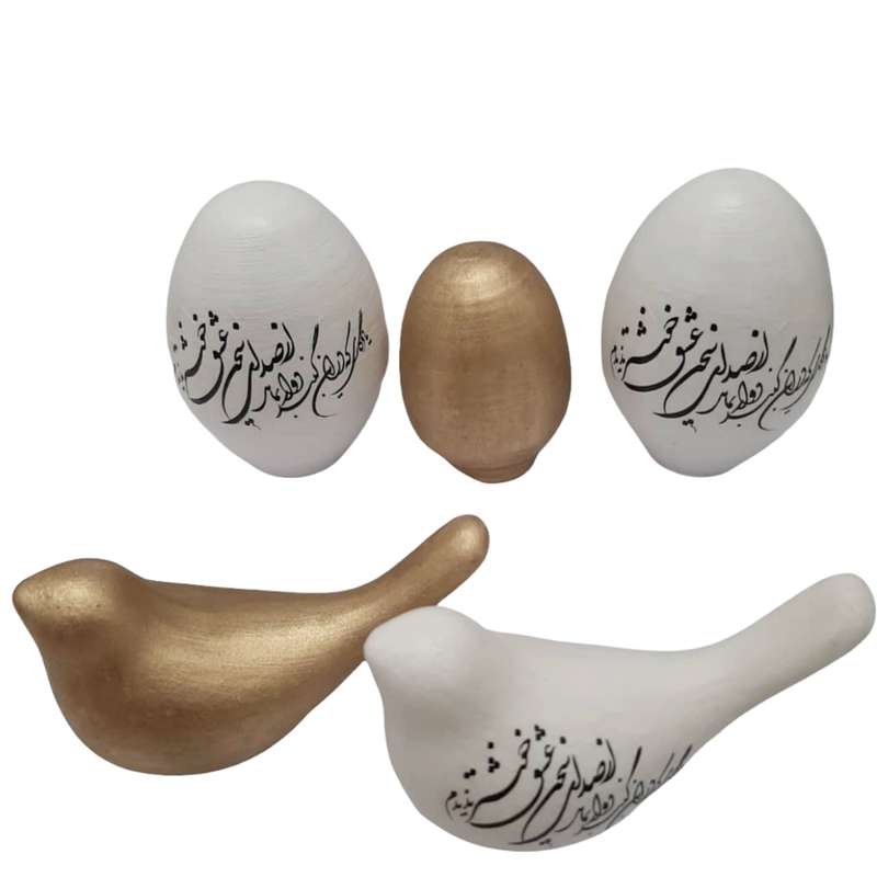 ست 5 تکه دکوری سفالی مدل تخم مرغ و پرنده 1