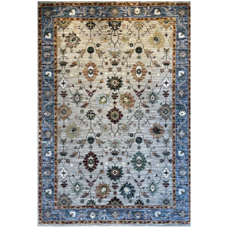 فرش ماشینی 1200 شانه زمینه نسکافه‌ای حاشیه آبی مدل سلطان آباد