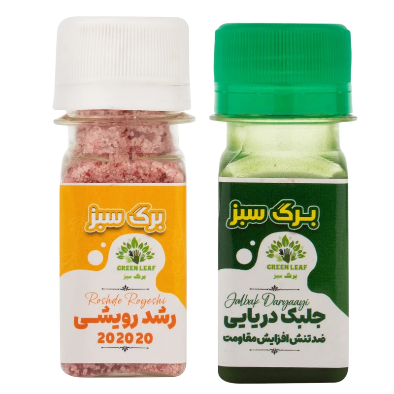 کود جلبک دریایی و کود سه بیست (20-20-20) برگ سبز مدل 01 حجم ۹۰ میلی لیتر بسته 2عددی