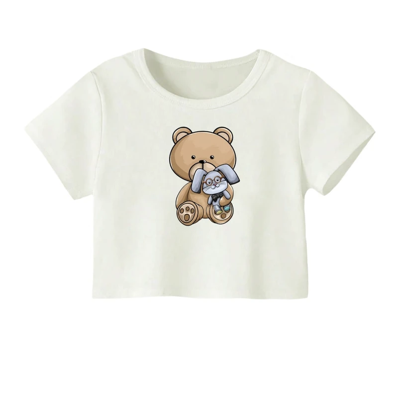 کراپ‌ تی‌شرت آستین کوتاه زنانه مدل خرس و خرگوش