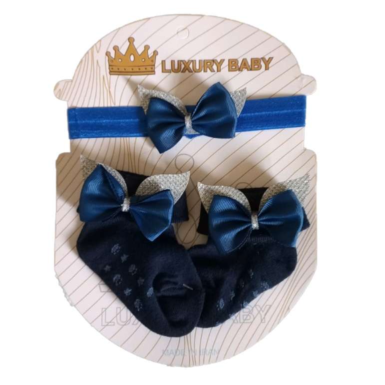 ست هدبند و جوراب نوزادی مدل LUXURY BABY کد 02 رنگ سرمه ای