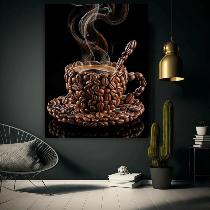 تابلو بوم مخمل طرح فنجان دانه قهوه مدل دیپ کد FP105655