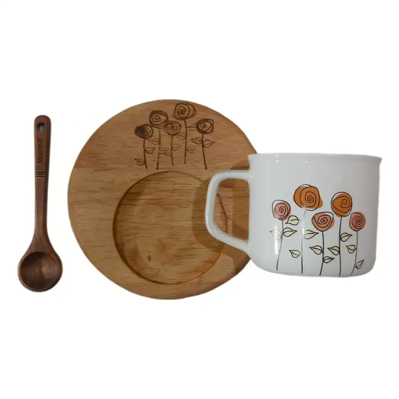 فنجان سرامیکی مکنوس مدل سایه دار کد 1006 به همراه قاشق و زیرلیوانی