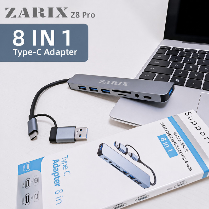 هاب 8 پورت USB 3.0/USB-C زاریکس مدل Z8 Pro