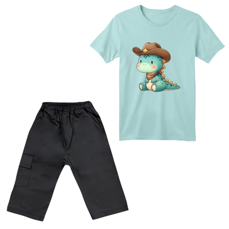 ست تی‌شرت آستین کوتاه و شلوارک پسرانه مدل دایناسور کد 010