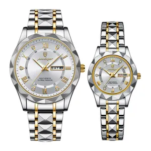 ست ساعت مچی عقربه‌ای زنانه و مردانه پوداگار مدل کوارتز کلاسیک دی دیت بند استیل طرح تراش الماسی کد P9