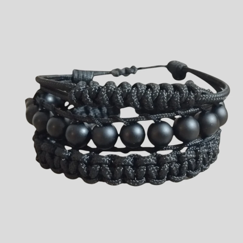 دستبند مردانه مدل بافت و مهره بسته 3 عددی