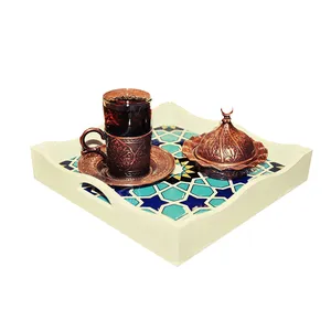 سینی و دیس چوبی‏ مربع‏ کاشی‏  ‏‏رنگ ‏سفید‏ طرح ‏شمسه‏ مدل 1001100009