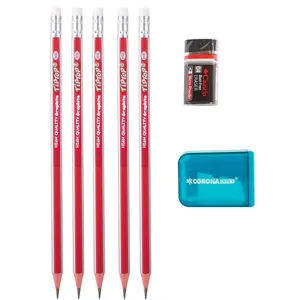 تراش کرونا مدل تیز به همراه مداد مشکی و پاک کن مجموعه 7 عددی