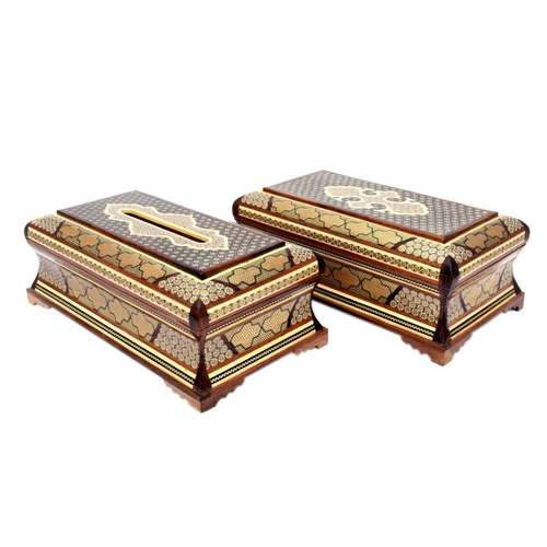 ست جعبه دستمال کاغذی و کارد و چنگال خاتم کاری  مدل سوپر لوکس کد B5