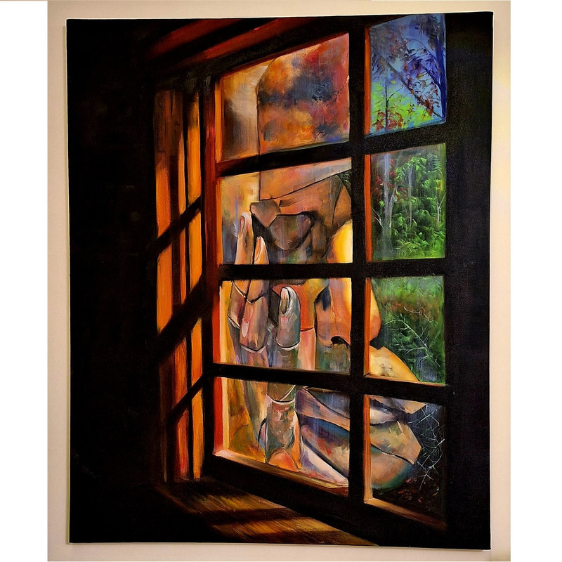 تابلو نقاشی رنگ روغن مدل صورت و پنجره کد 001