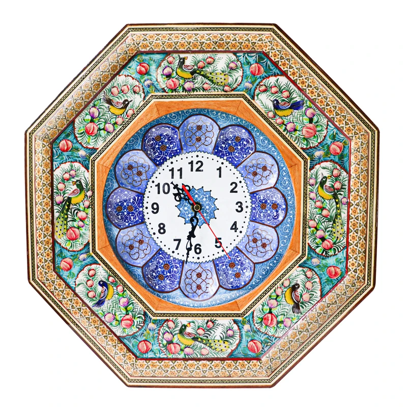 ساعت دیواری خاتم کاری مدل 8 ضلعی طرح گل و مرغ برجسته کد gr42d22octagonal-3f4