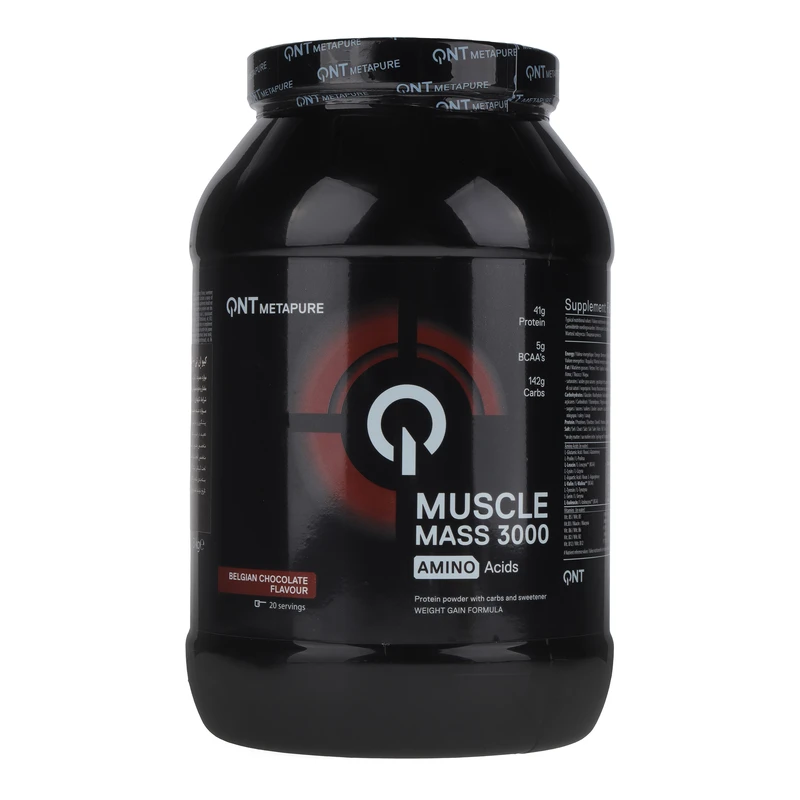 پودر گینر شکلات بلژیکی کیو ان تی مدل Muscle Mass 3000 Amino Acids وزن 3000 گرم