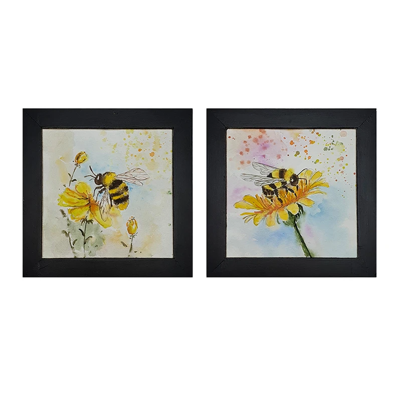 تابلو نقاشی آبرنگ به سبک انتزاعی طرح نجواهای گل و زنبور کد 0261 مجموعه 2 عددی