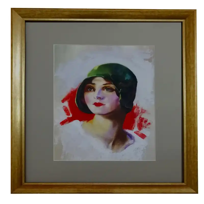 تابلو رنگ روغن مدل دختری با کلاه سبز کد w06