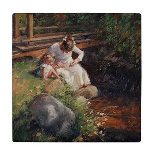 زیر لیوانی  طرح نقاشی مادر و کودک و منظره روستایی کد    6104471_5315