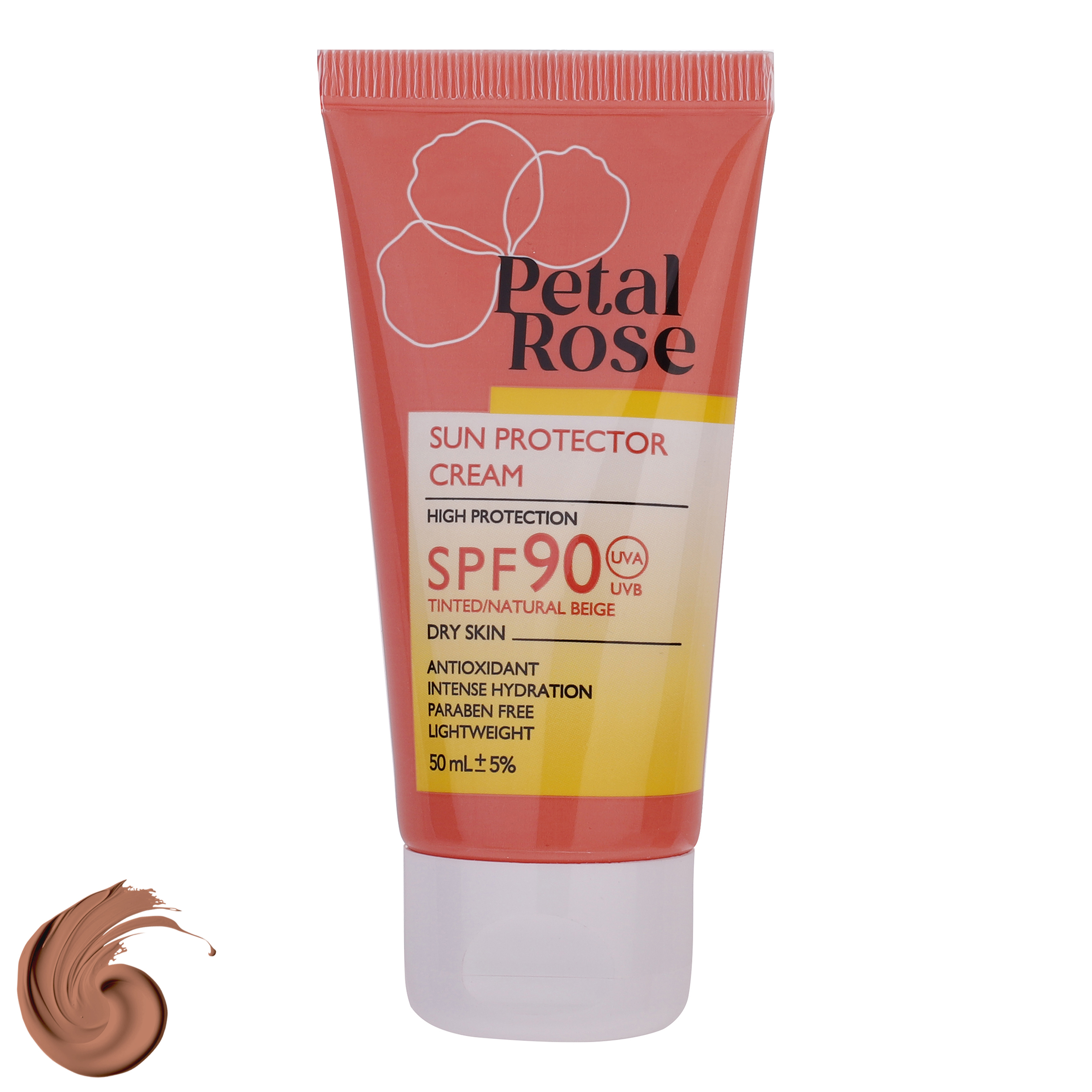 ضدآفتاب رنگی بژ روشن SPF90 پتال رز مدل High Protection مناسب پوست خشک، حجم 50 میلی‌لیتر