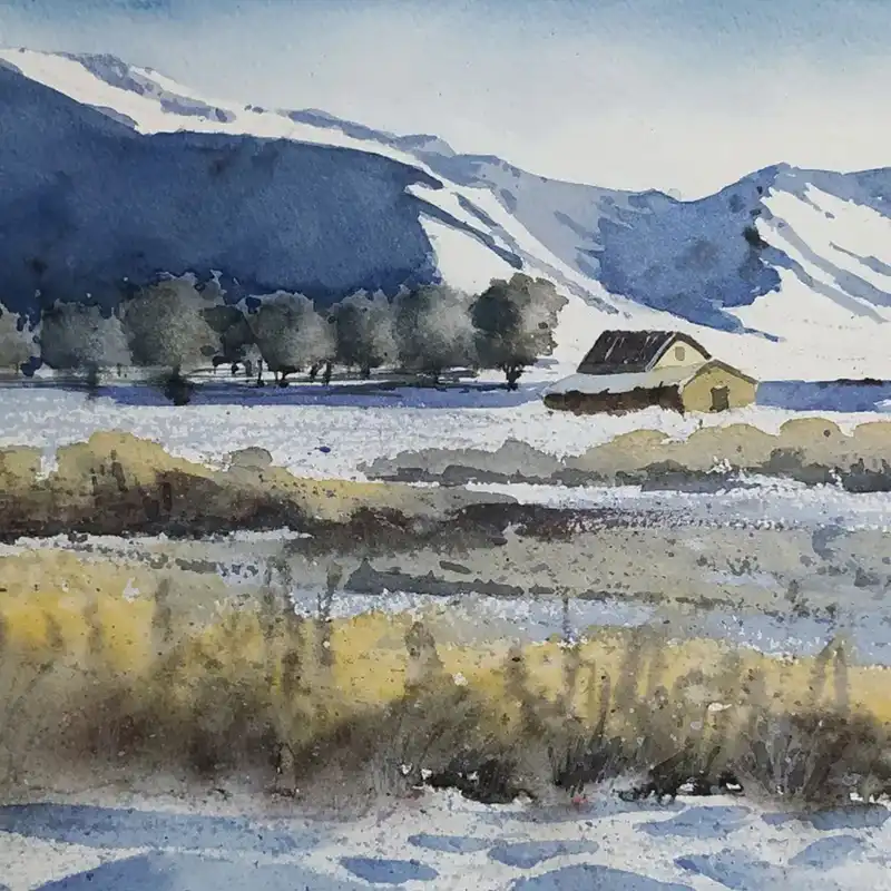 نقاشی آبرنگ طرح کلبه برفی کد 128