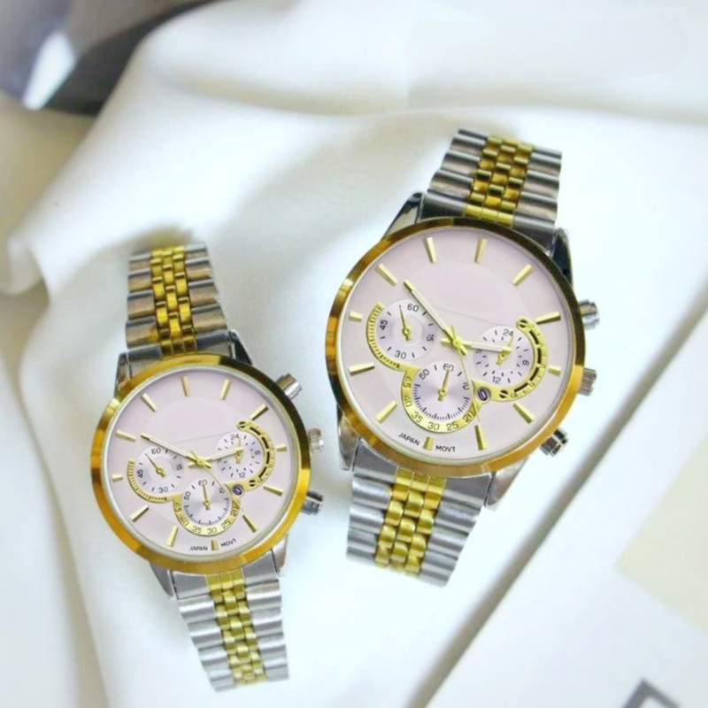 ست ساعت مچی عقربه ای زنانه و مردانه مدل کوارتز بند فلزی تقویم دار کد 01