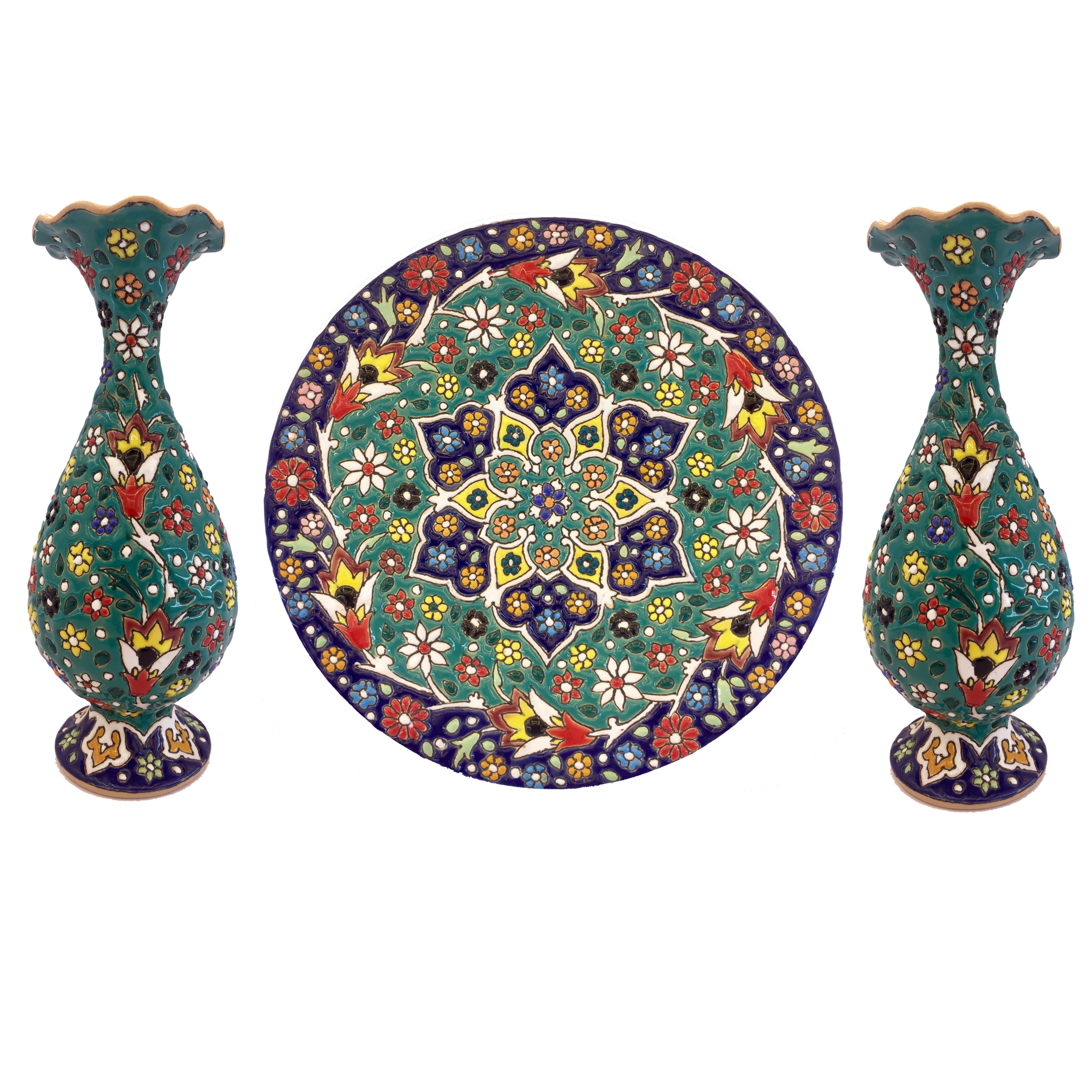 ست سه تکه گلدان و بشقاب میناکاری زمانیان کد zmn21042