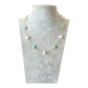 گردنبند زنانه مدل فیروزه مربع ومروارید پرورشی