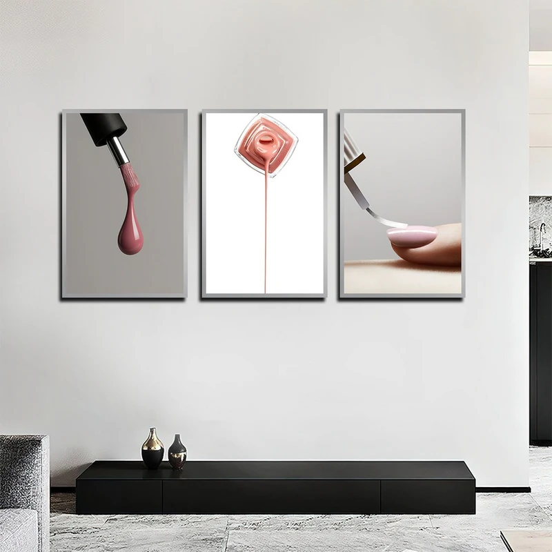 تابلو بکلیت طرح سالن آرایشی و کاشت ناخن مدل SI-4076 فریم نقره ای مجموعه 3 عددی