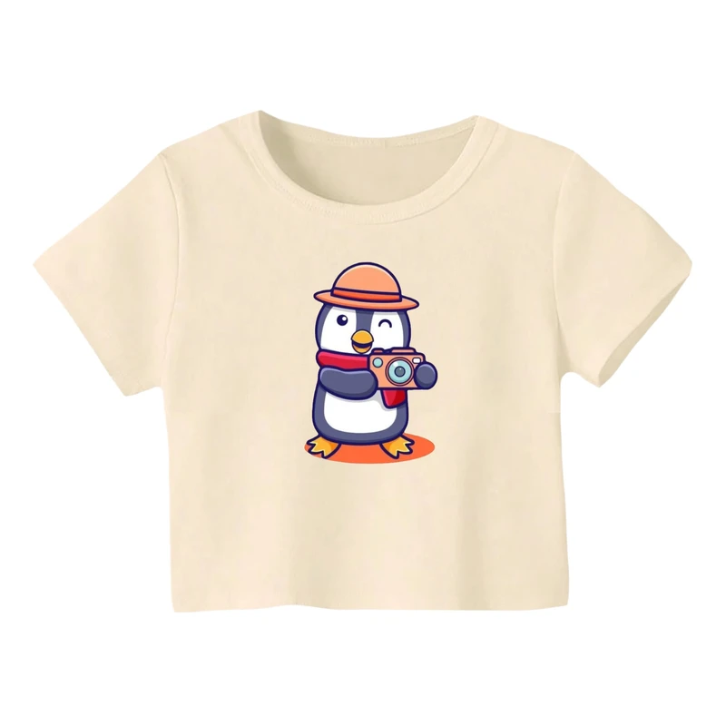 کراپ‌ تی‌شرت آستین کوتاه زنانه مدل پنگوئن کد 1